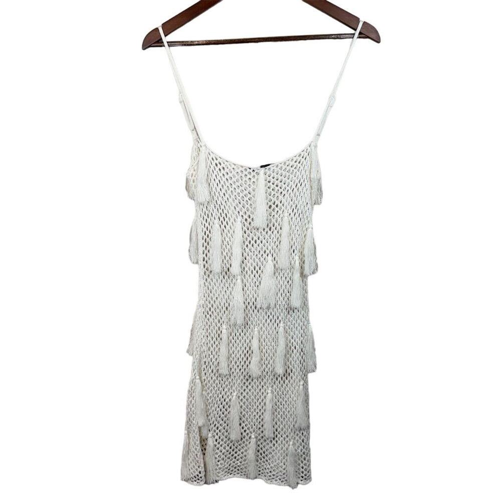 WeWoreWhat Women's Ivory Crochet Tassel‎ Mini Dress Size M Boho Summer